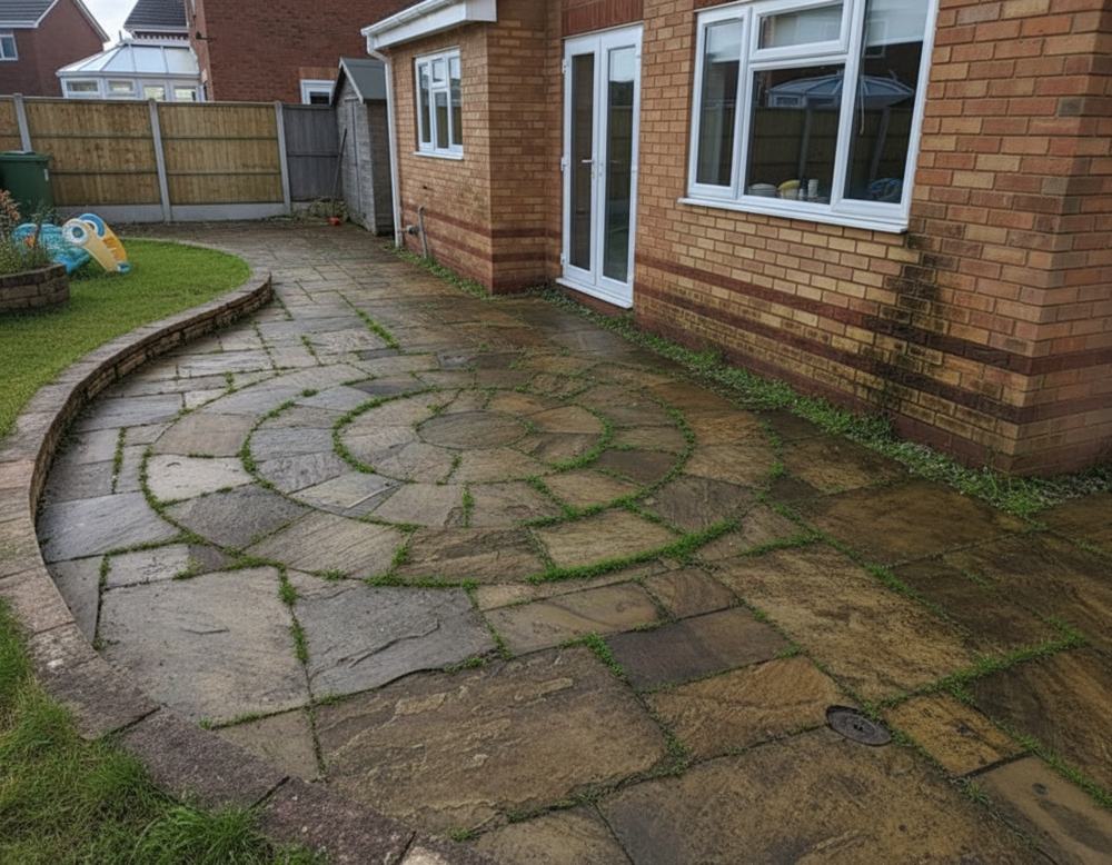Indian stone patio green with algae and weeds, before cleaning