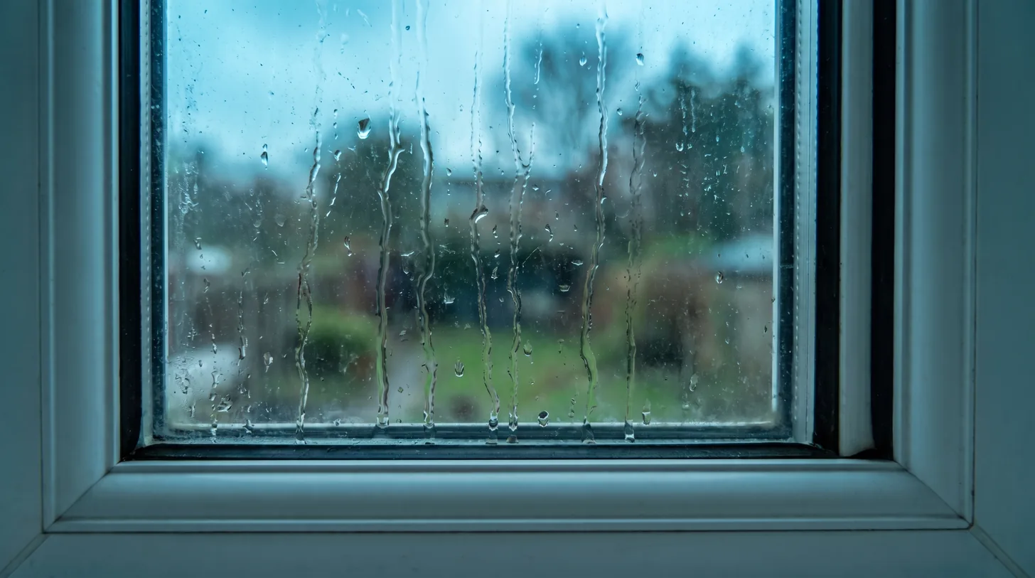 The same window after cleaning, rain beading and running down clear glass with no grime in the water, the white frame and sill clean with no mould on them