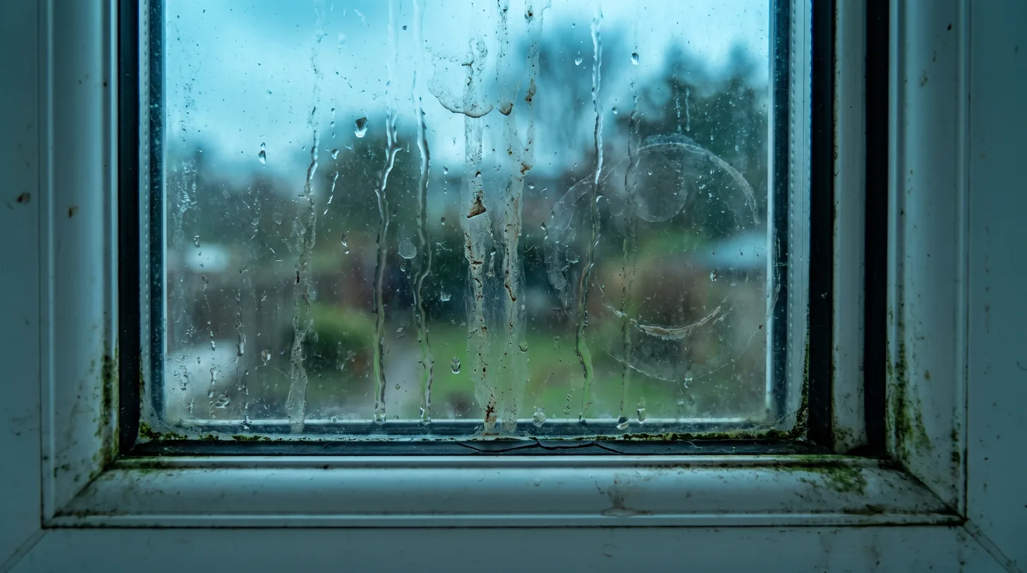 Rain running down a neglected window, dragging brown and rust coloured grime down the glass in streaks and leaving a faint ring smear, with green and black mould along the white frame and sill