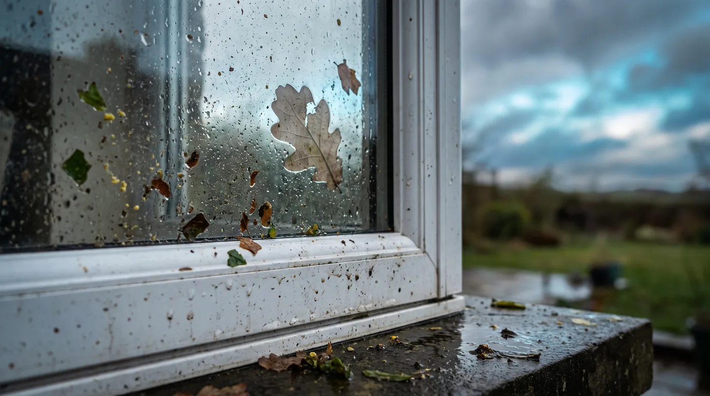 A white uPVC window just after a storm, the wet glass and frame spattered with grit, soil splash and yellow pollen flecks, wet leaf fragments including a large oak leaf stuck flat to the pane, and a soaked sill with a puddle and leaf debris on it